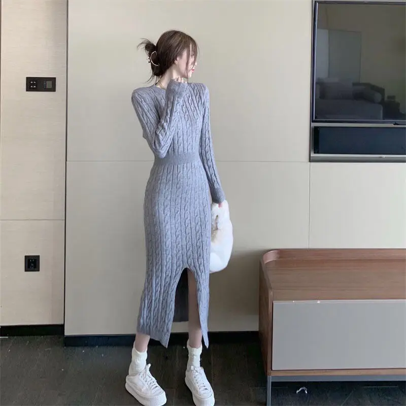 

Women 2022 Autumn Winter New Twist Sweater Long Dress Female Slim Package Hip Dresses Ladies Solid Color Knitted Vestidos Q303