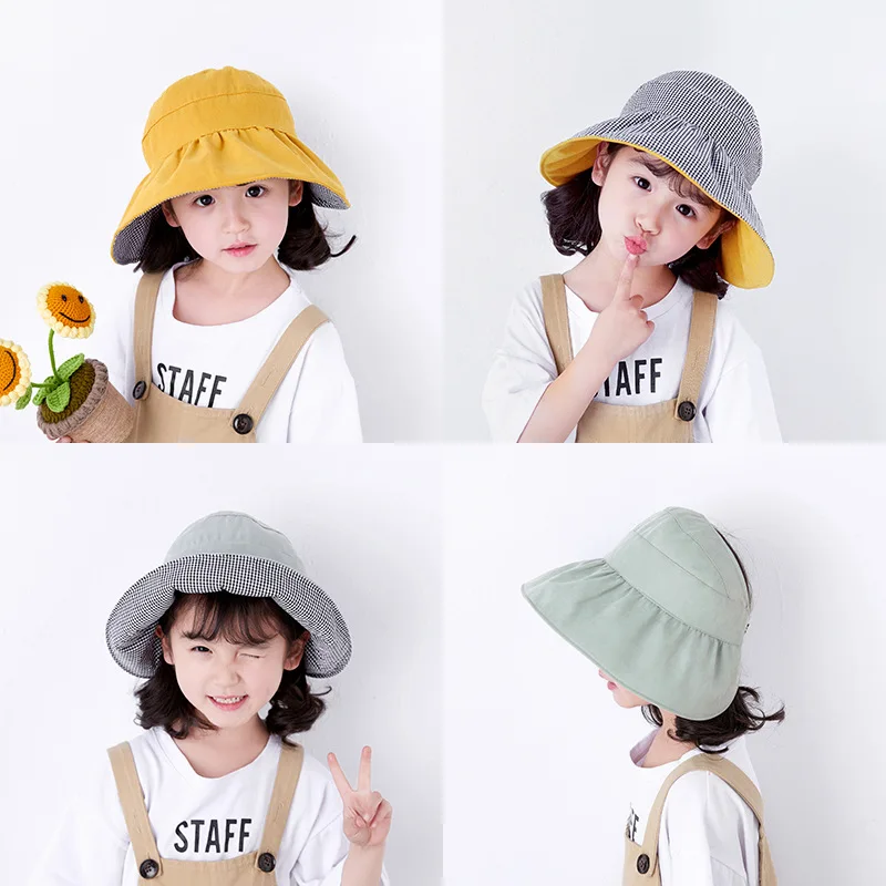 Children Summer Grid Empty Hat Baby Han Edition Girls Princess Sun Sun Sun Hat parent-child Fisherman Hat