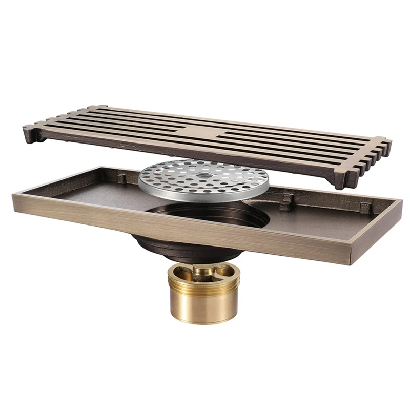

Drains Euro Style Antique Brass Bathroom Linear Shower 8X20cm Floor Drain Wire Strainer Art Carved Cover Waste Drain