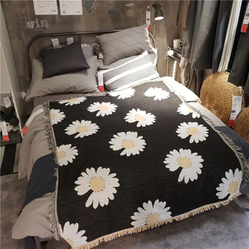 

Daisy Flower Cozy Blanket Cotton Knitted Single Sofa Cover Woven Thread Blanket Throw Kids Bedding Camping Travel Keep Warm Gift