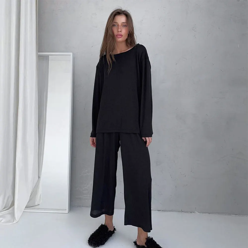 Women Spring Autumn Fashion Pajama Set Round Collar Knit Solid Color Loose Simple Outside Wear Home Clothing