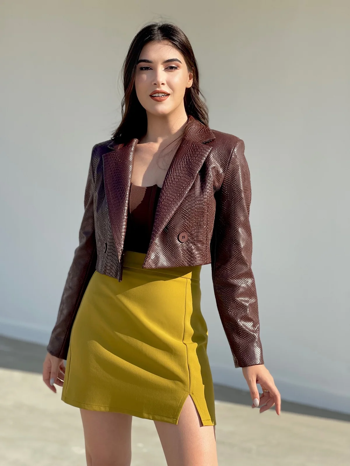 

Brown Snake Leather Crop Blazer Jacket