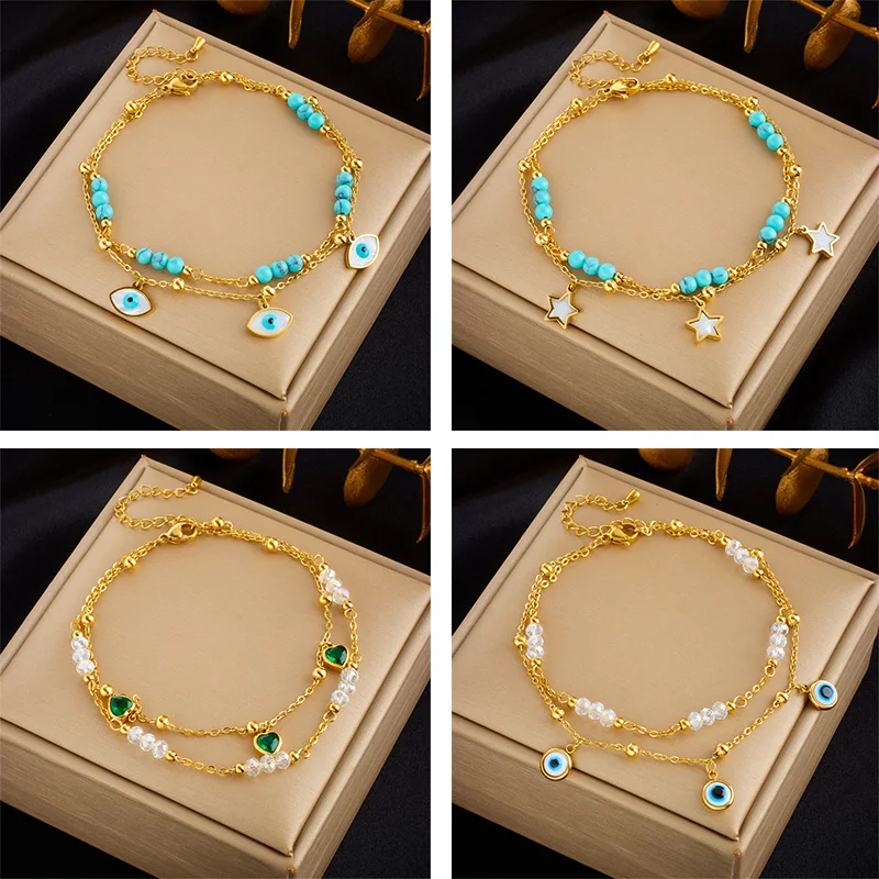 

316L Stainless Steel Blue Eye Anklets For Women Green Stone Ankle Chains Non-fading Jewelry Gift Party Dropshipping