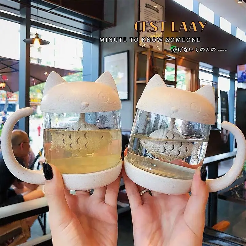 

Creative Cute Cat 250ml Glass with Fish Soak Filter Tea Drain Cup Simple Home Office Drink Utensils Tea Set Kitchen Accessories