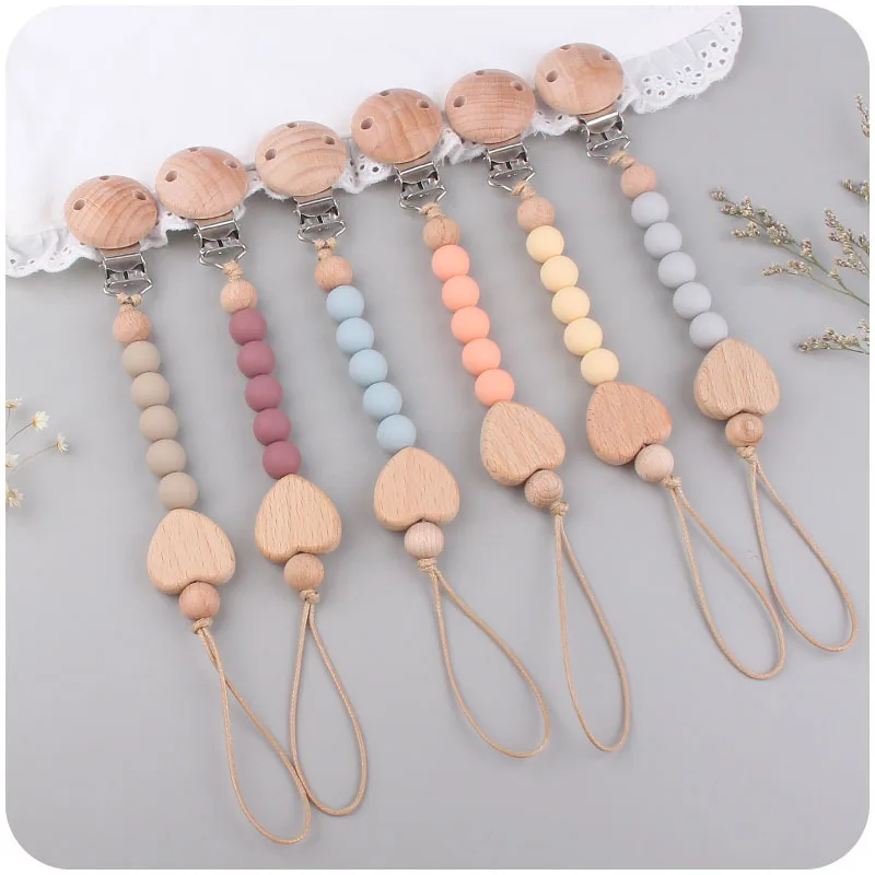 

New Baby Products Beech Wood Clip Anti Drop Chain Soothing Baby Silicone Beads Biting Beech Wood Love Pacifier Chain Baby Care