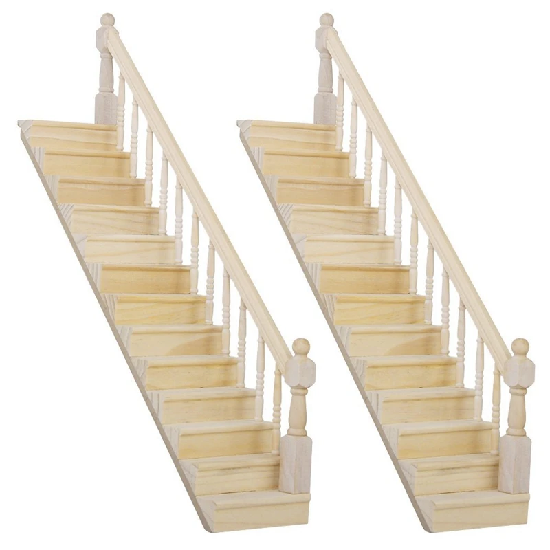 

2X 1:12 Dolls House Wooden Staircase With Right Handrail Pre-Assembled 45-Degree Slope