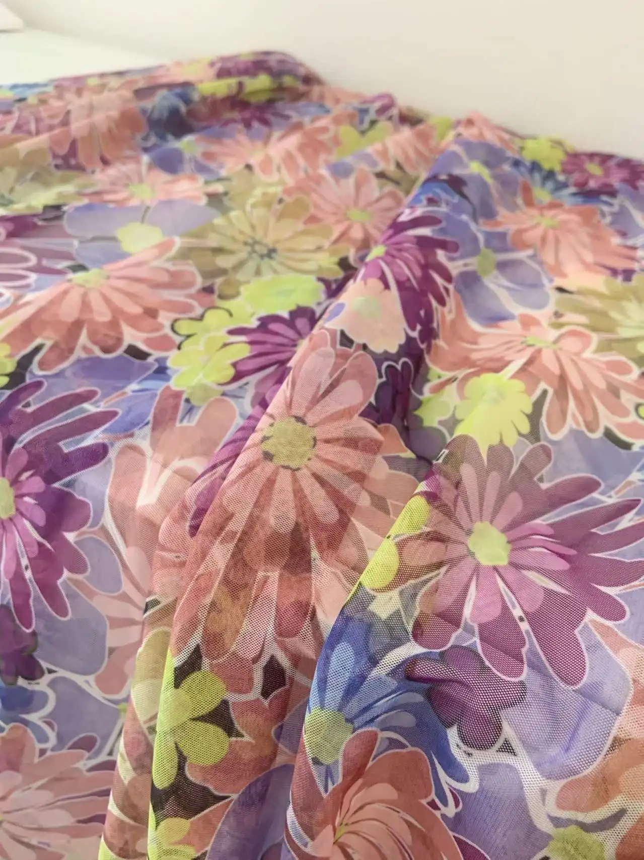 

1 Yard Printed Purple Flower Tulle Lace Fabric Multi Color Dip Dye Gauze for Dress,Colorful Daisy Curtain,Yellow Pink Blue
