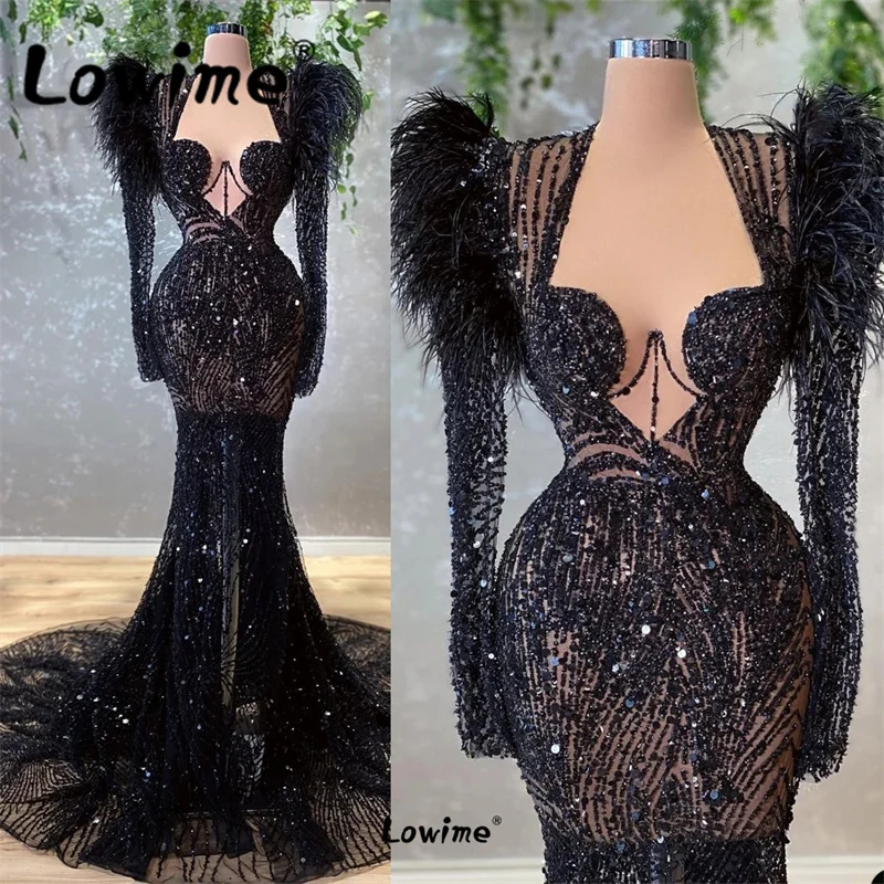 

Robes De Soirée Feathers Black Evening Dresses Party Dresses For Women 2023 Mermaid Long Round Train Formal Occasion Dresses