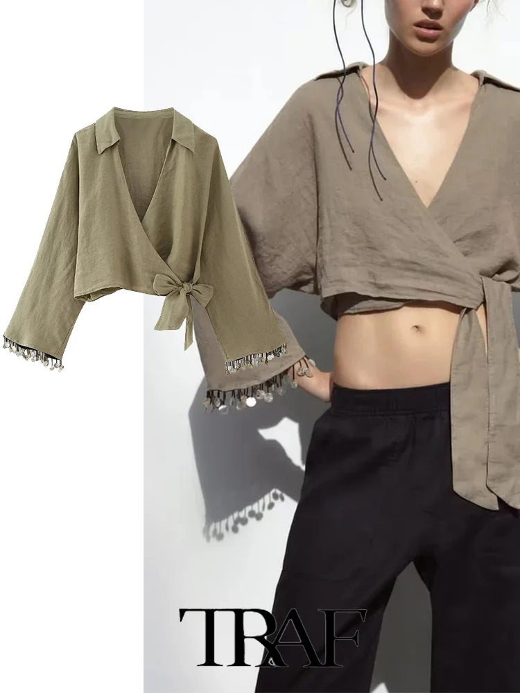 

Блузка женская летняя однотонная с отложным воротником и длинным рукавом