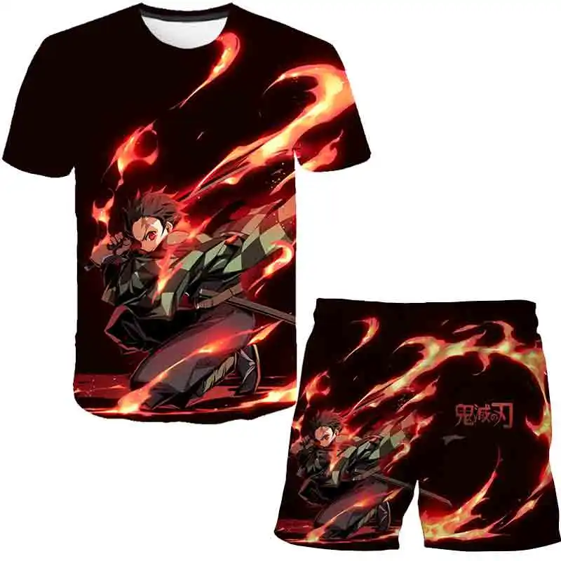 

2 Piece Children's Summer Demon Slayer Clothing Suits Baby Boys Girls Short Sleeve T-shirt Short Pants Sets Fashion New Outfits