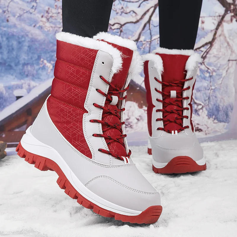 

Luxury Brand Snow Boots Women Warm Anti-skid Snow Boots Outdoor Ankle Fur Hiking Shoes Lady Lace Up Sneakers Free Shipping