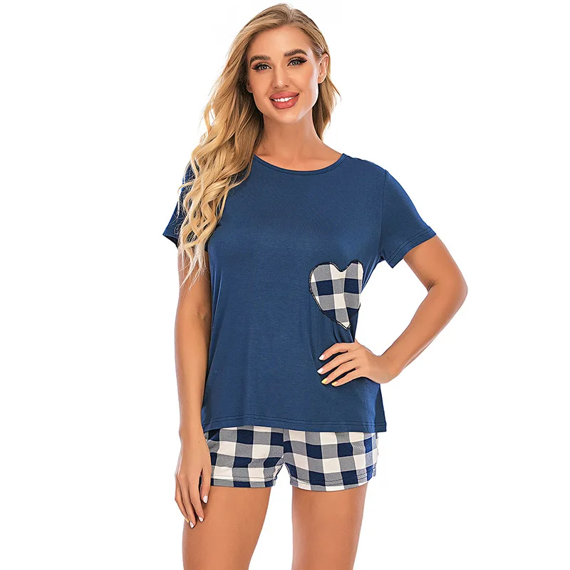 Summer Plaid Love Pajamas Crewneck Short Sleeve Shorts Two-piece Home Clothes Womens Pajamas Sleepwear Pyjama Set