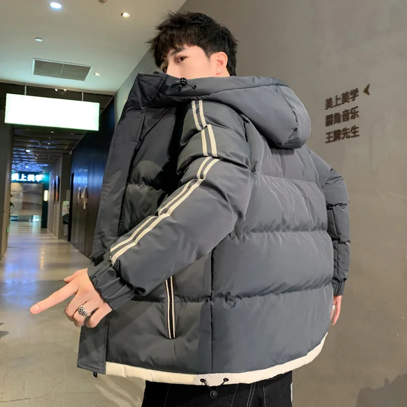 Men's Down Jacket Striped Thick Loose Down Coat Autumn Winter Clothing Hoodies Jacket Hooded Baseball Uniform Outerwear for Men