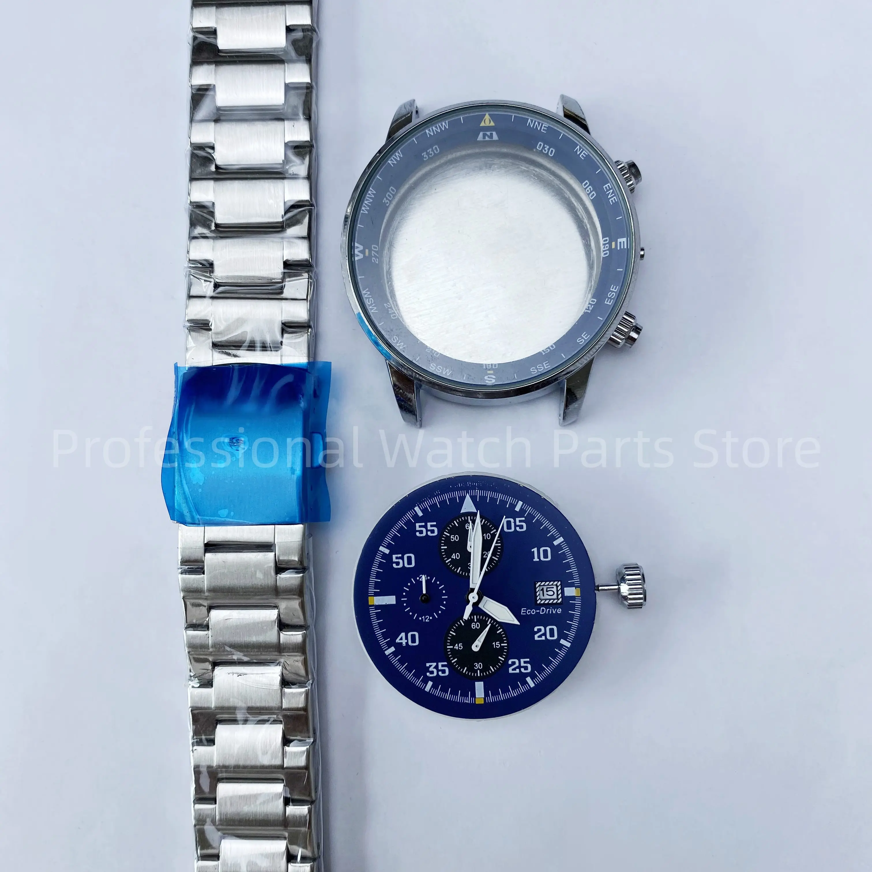 44mm Watch Accessories Set Case+Dial+Hands+Crown+Stainless Steel Strap with Complimentary Quartz Movement Set Calendar Window