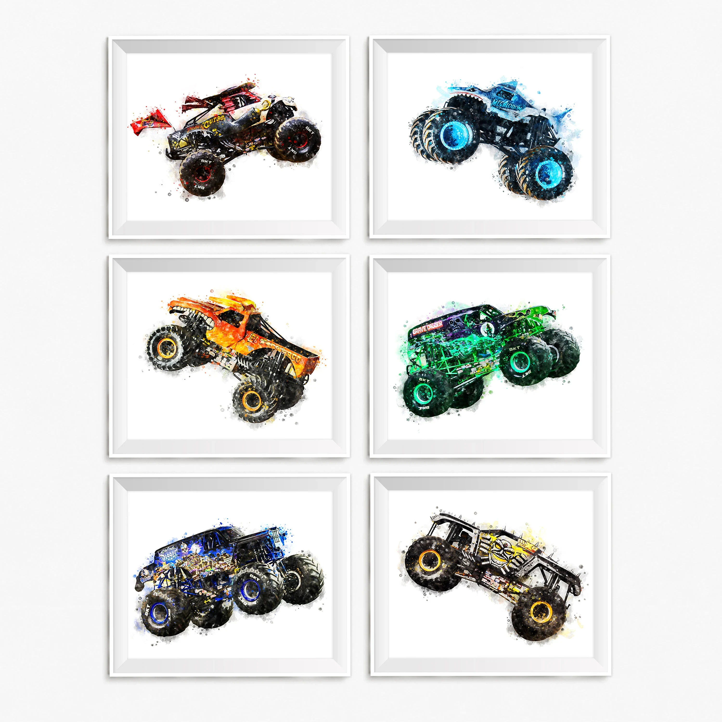 Monster Trucks Poster and Print Grave Digger Megalodon Nursery Canvas Painting Watercolor Wall Art Living Room Home Decor