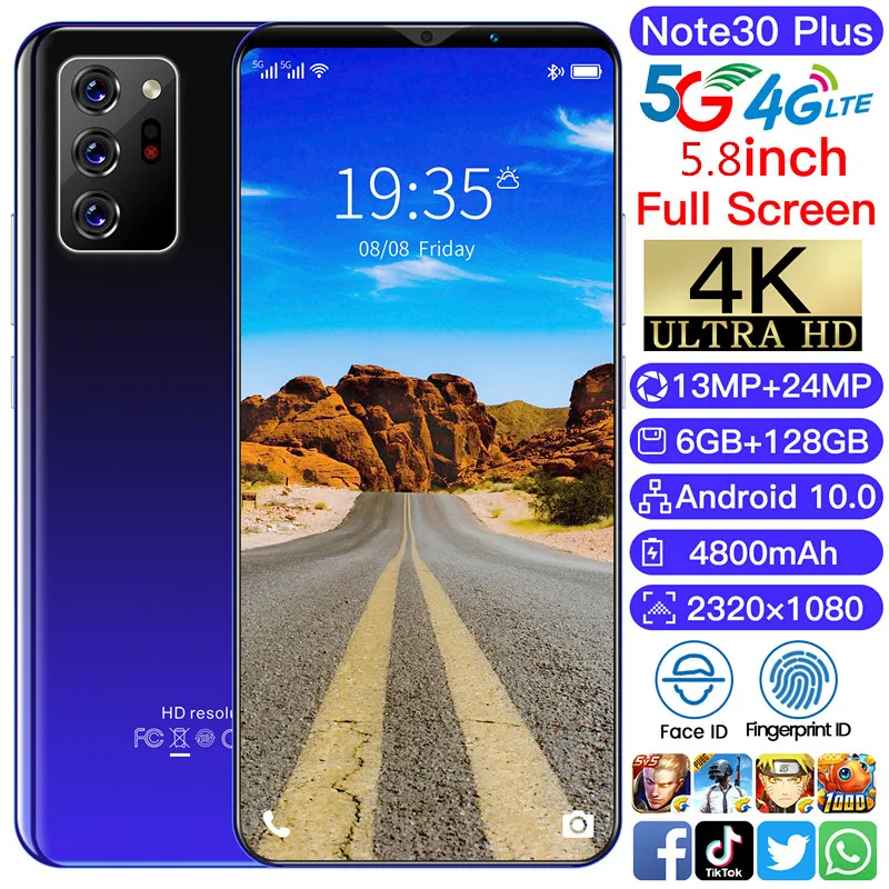 Новинка 2022 5 5-дюймовый смартфон Note30 Plus 5G 8 мАч полноэкранный Android 4 + 32 ГБ 13 24 МП