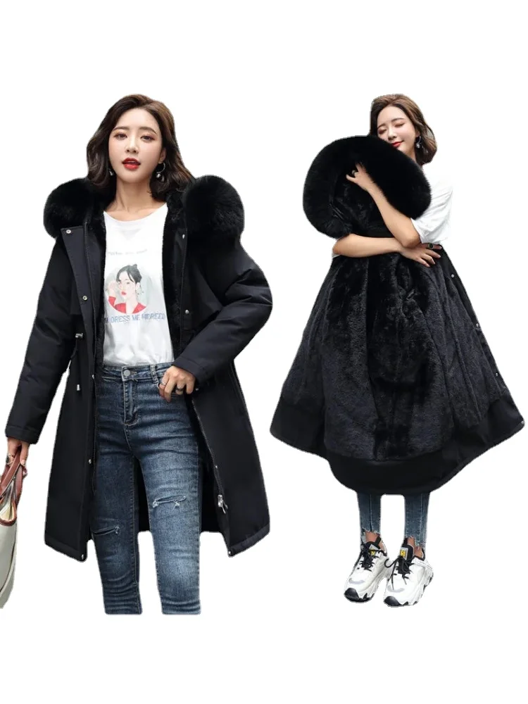 

6XL Женская парка, флисовая куртка, длинное пальто, ветровка, шерстяная подкладка, капюшон, меховой воротник, Толстая теплая зимняя одежда, парка с подкладкой, одежда