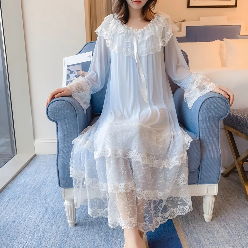 

Women Lolita Night Dress Princess Sleepwear Multilayer Lace Mesh Romantic Vintage Victorian Nightgowns Nightdress Lounge Wear