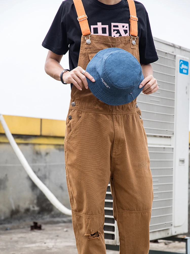 DEEPTOWN Vintage Denim Overalls Men Loose Straight Cargo Pants Hole Solid Streetwear Hip Hop Trousers Classic Casual Plus 6XL