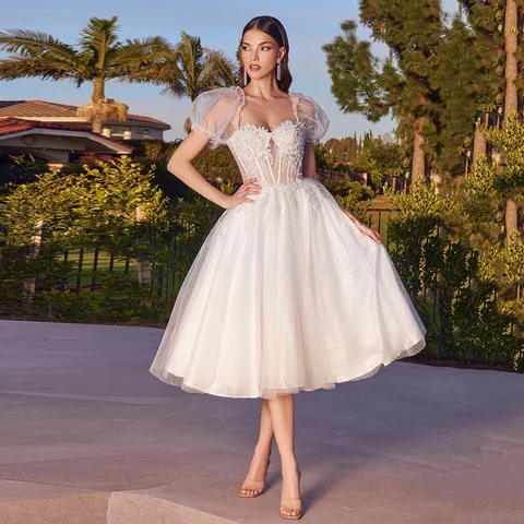 Женское винтажное свадебное платье ADLN, белое короткое платье до середины икры, с коротким рукавом