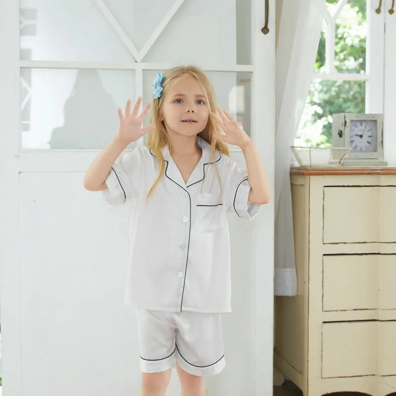 Children Colorful Summer Short Pajama Set Wholesale Baby Girls Silk Pajama Set 2pcs Short Sleeve With Shorts Summer Sleepwear