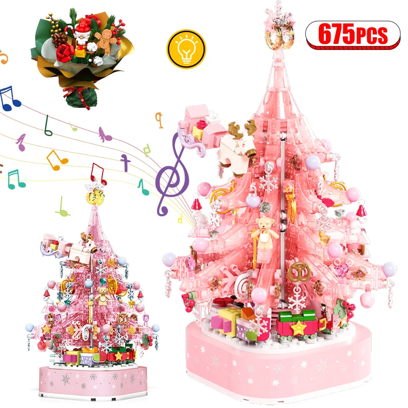 

Christmas Blocks Music Box With Light Pink Tree Anime Model Building Friends Kit Stranger Things Christmas Gifts Kids Toys