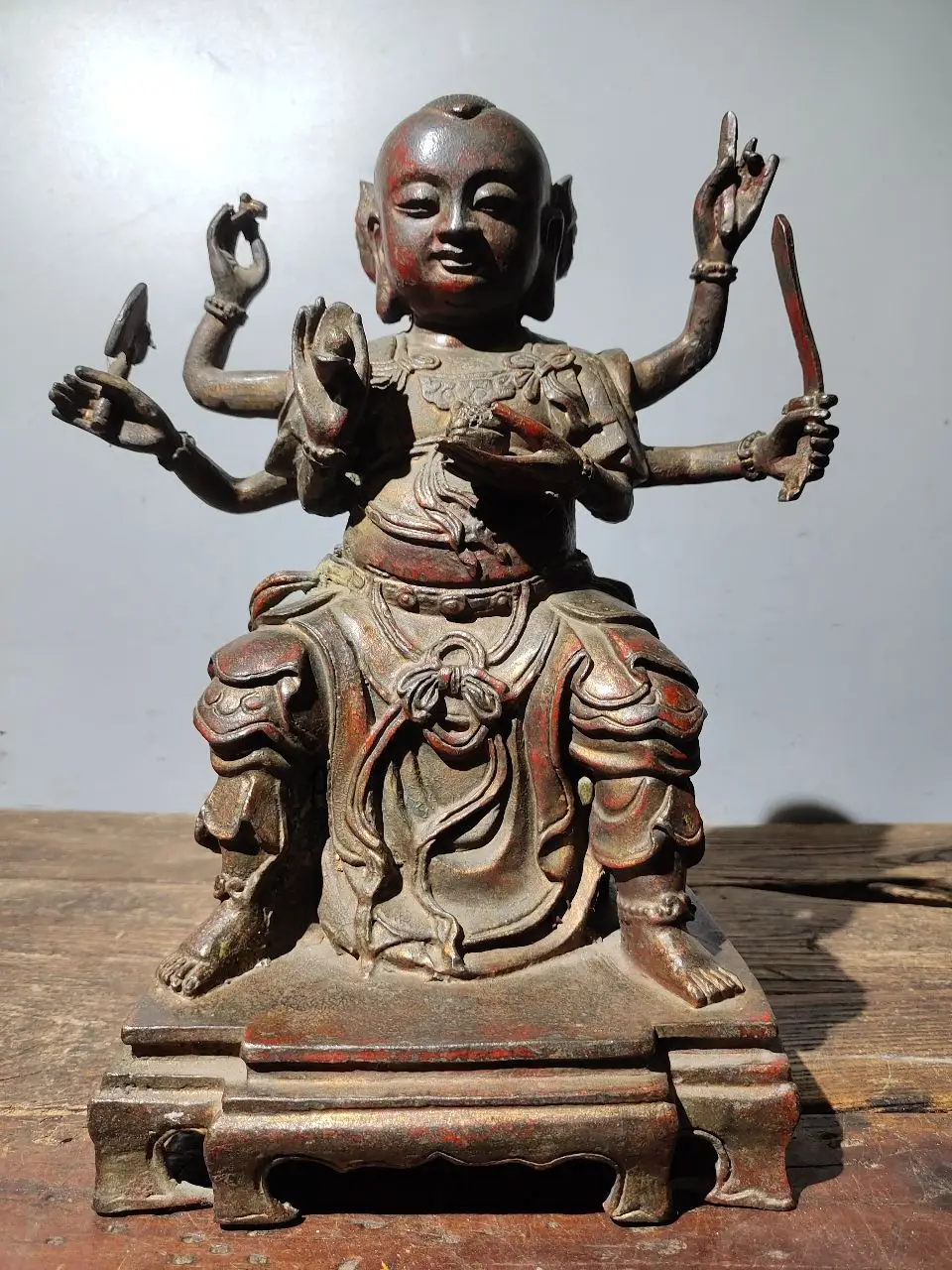

13"Tibet Temple Collection Old Bronze Cinnabar Mud gold Nezha Three heads and six arms Boy Red child Worship Hall Town house