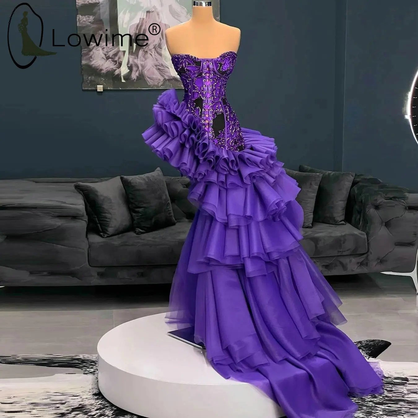 Chic Purple Floral Ruffled Prom Gowns Strapless Printed Party Dress Sparkle Beads Crystals Women Pretty Sweet 16 Cocktail Gowns