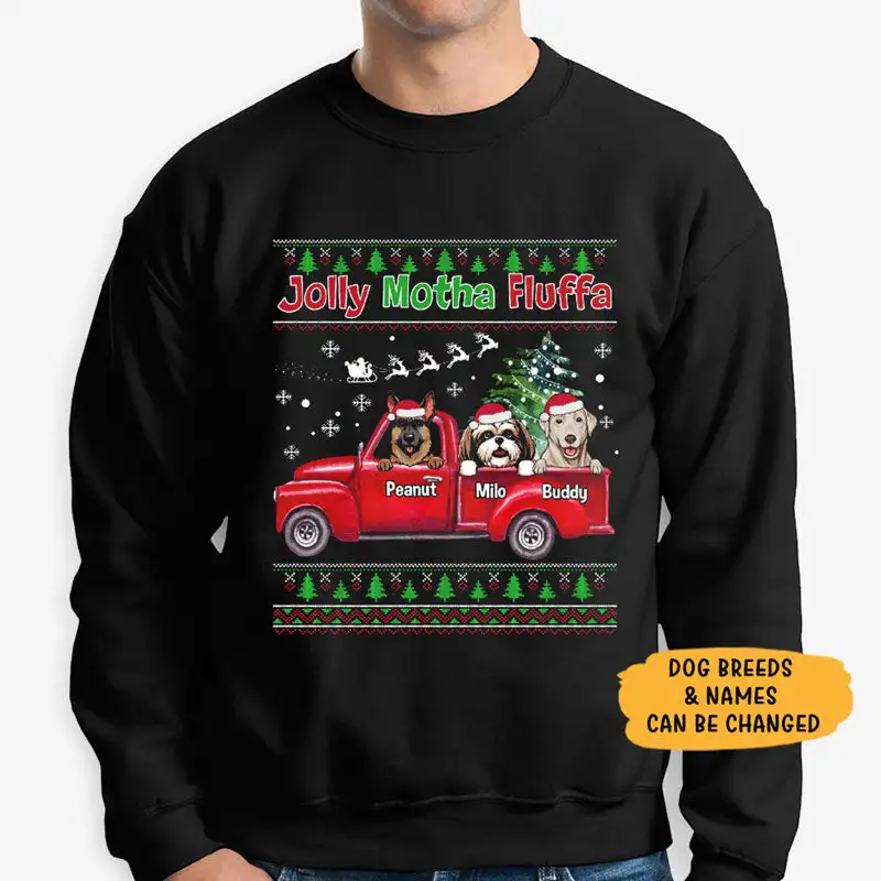 

Cotton Graphic Sweatshirts Long Sleeeve Print Jolly Motha Fluffa, Custom Sweaters,Christmas Gifts for Dog Lovers Pullover Tops