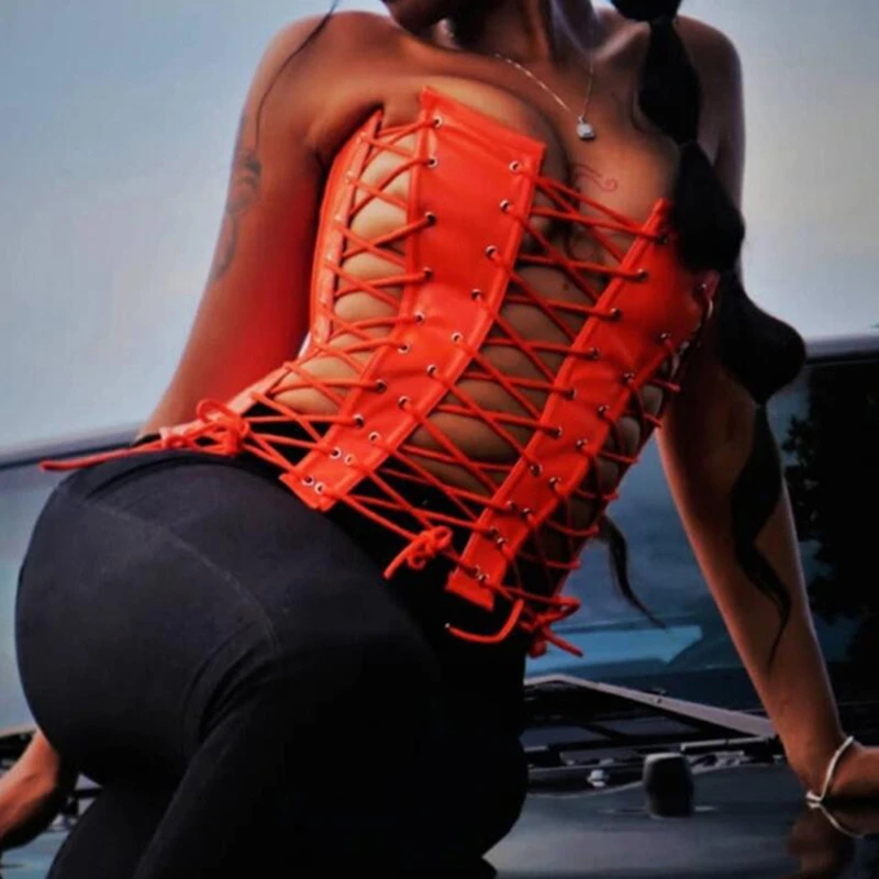

Women Sexy Backless Hollow Lace Up Bandage PU Leather Y2K Corset Tops Female Tanks Fashion Black Party Clubwear Tees