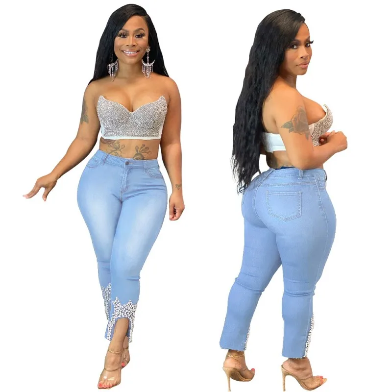 Fashion Denim Casual Skinny Pencil Trousers Solid Color Beaded Elastic Mid Rise Jeans Black Office Autumn And Winter New Style