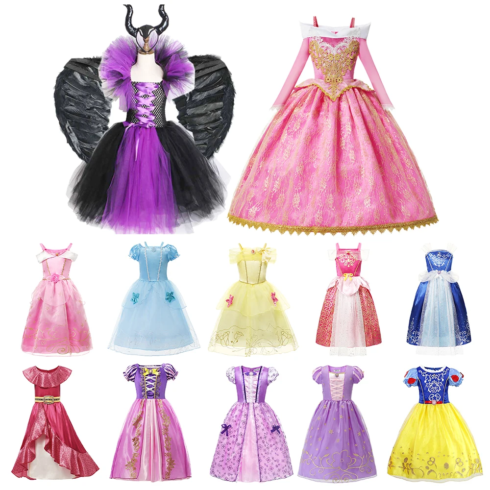 Fancy Princess Belle Costume For Girls Christmas Sleeping Beauty Party Pink Floral Ball Gown Kids Jasmine Elsa Dress with Gloves