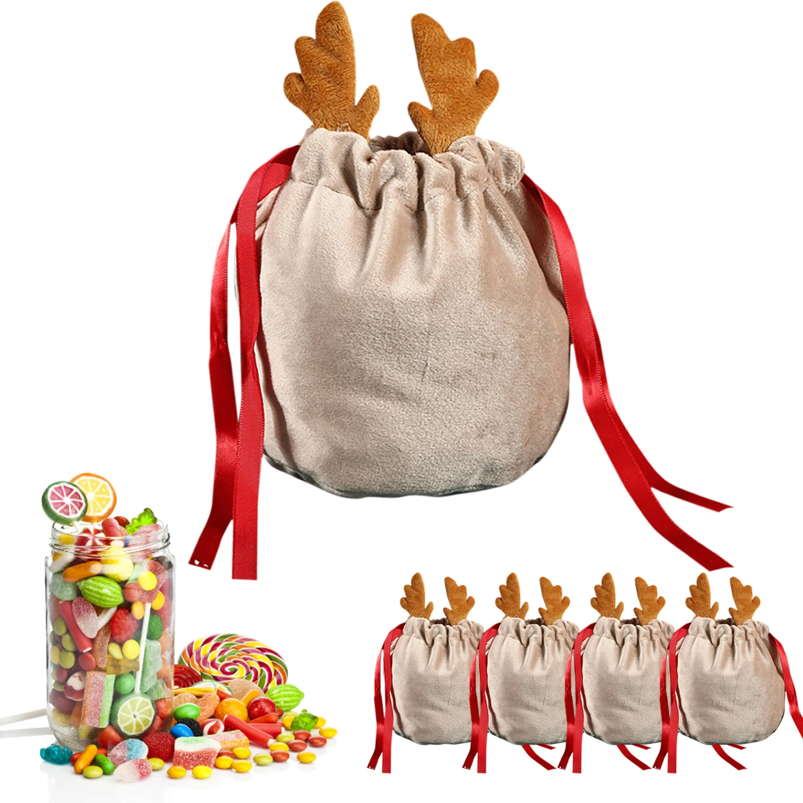 5/10Pcs Christmas Reindeer Candy Gift Bag Velvet Santa Sacks Drawstring Gift Bags Christmas Decoration Kids New Year Party Gift