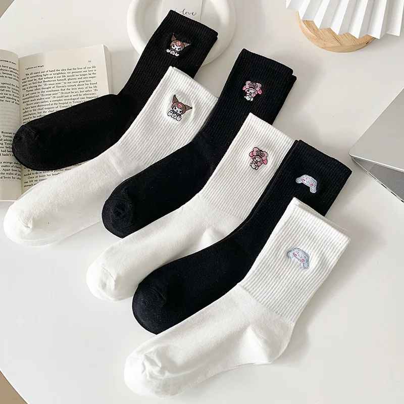 

Мультяшные хлопковые носки Sanrio Mymelody Kuromi Cinnamoroll, японские вышитые носки, милые повседневные хлопковые носки