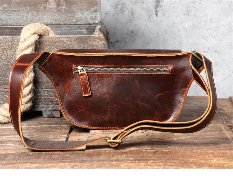 Vintage real leather men's multifunctional chest bag fashion designer natural crazy horse cowhide waist bag luxury shoulder bag