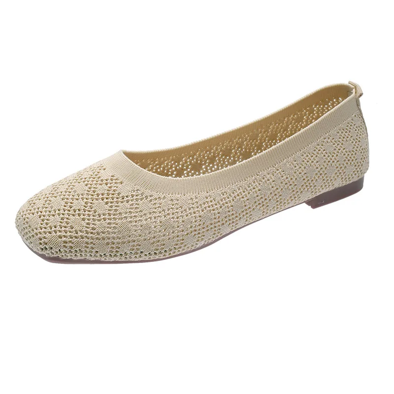 Women Breathable Shoes Square Toe Woven Beanie Shoes Soft Bottom Hollow Shallow Mouth Scoop Shoes Kpop Casual Flat Slip-on Shoes