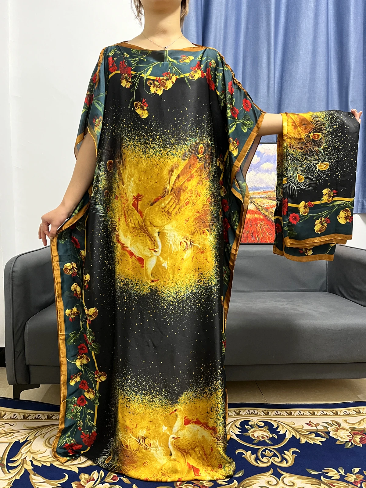 

African Dresses For Women 2022 Muslim Fashion Silk Print Floral Femme Robe Islam Clothes O-neck Short Sleeve Kanga Clothing