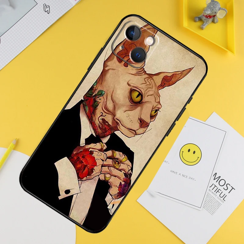 Фото Чехол для телефона Tattoo Sphinx Cat для iPhone 16 Pro 15 Pro 13 12 Mini 11 14 Pro Max XR 16 15 Plus 16e Cover Coque №5