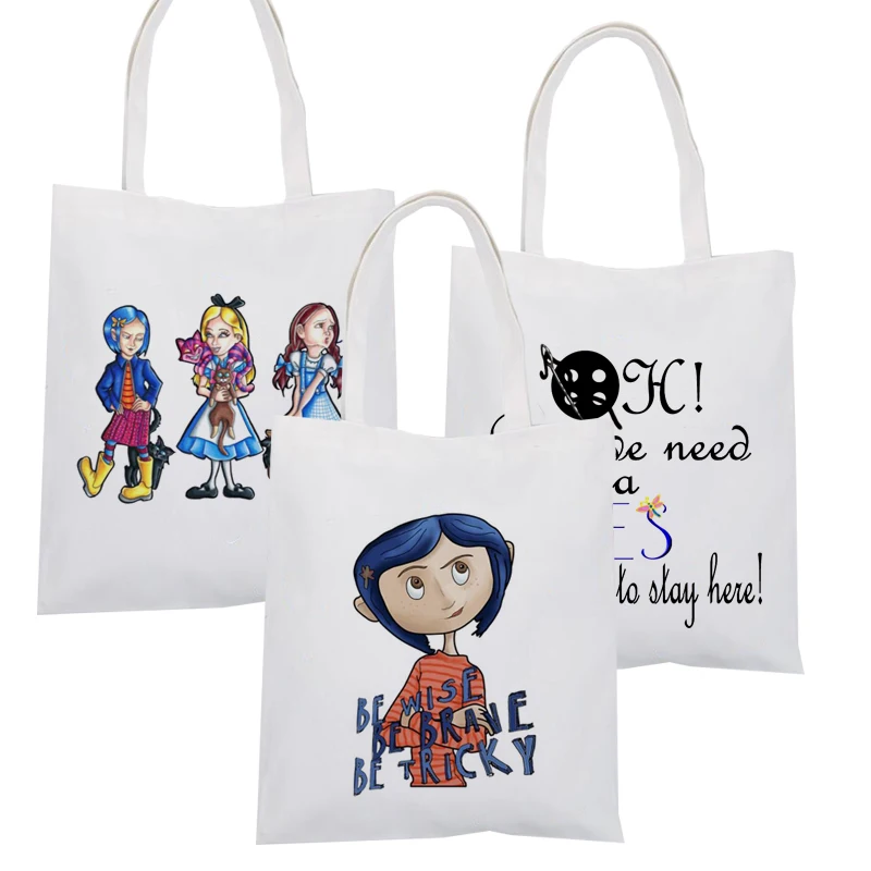 

Coraline Print Canvas Shoulder Bag Twitchy Witchy Girl Cartoon Reusable Shopping Bag Women Female Eco Tote Shopper Bag Ladies