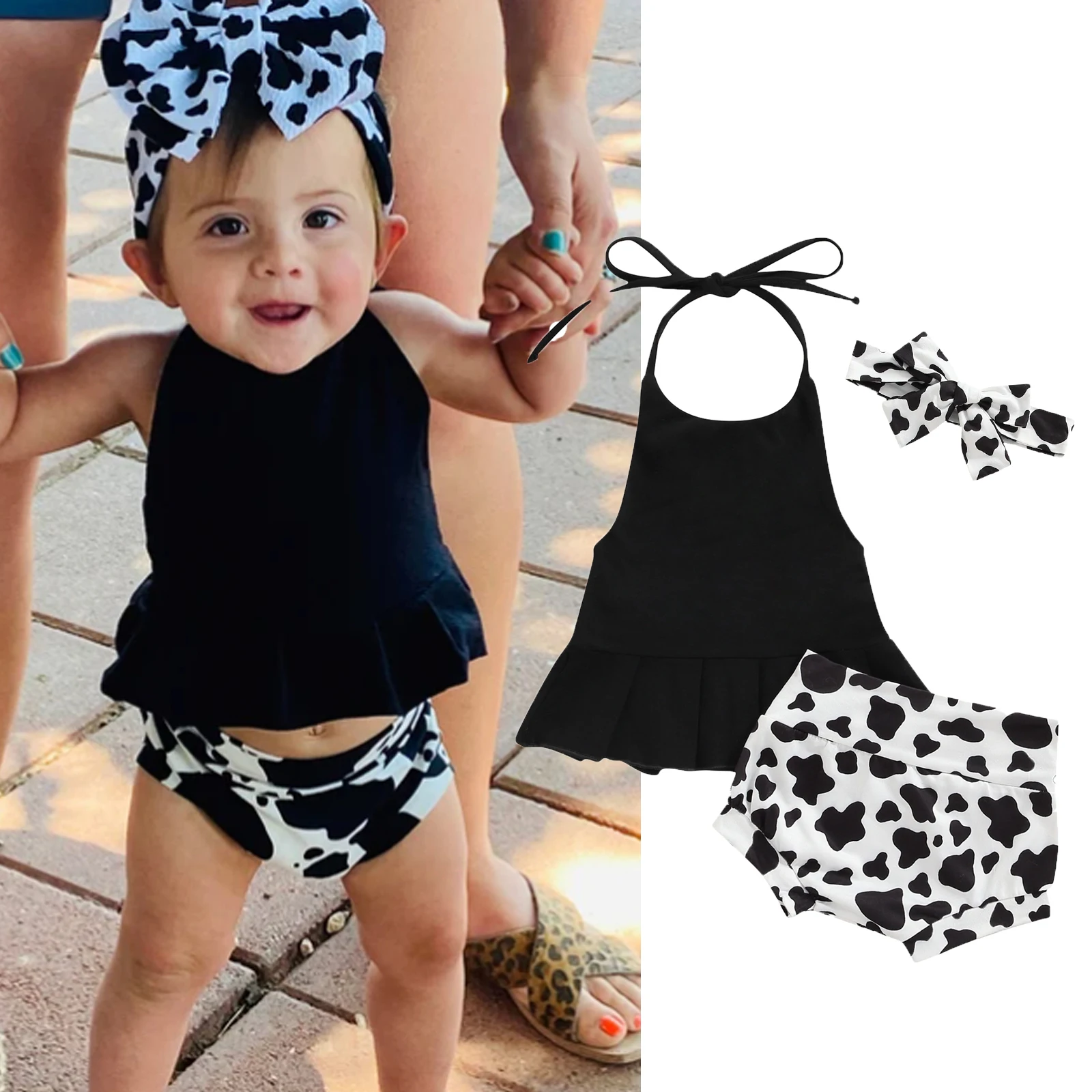

Newborns Infant Baby Girls Summer Clothes Solid Color Sleeveless Backless Halter Tops Cow Printed Shorts Bow Casual Suit 0-24M