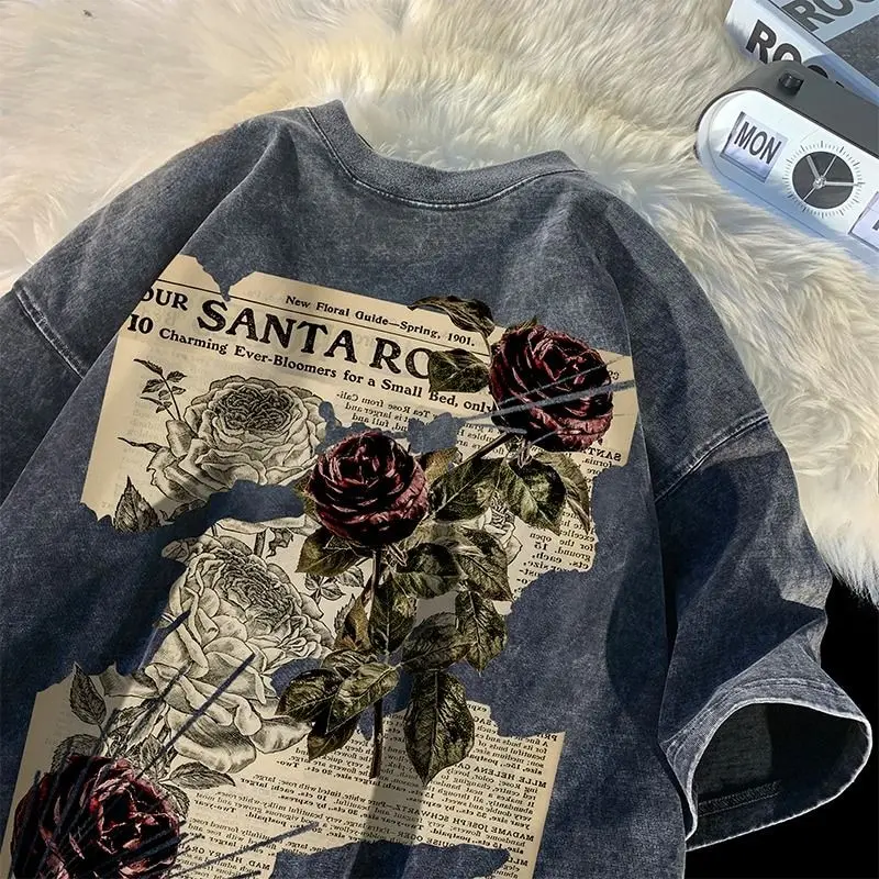 

Y2K Korean Men Streetwear rose Graphic Acubi Harajuku Egirl Short Sleeve T-Shirts Grunge Aesthetics Oversized Tops Alt Clothes