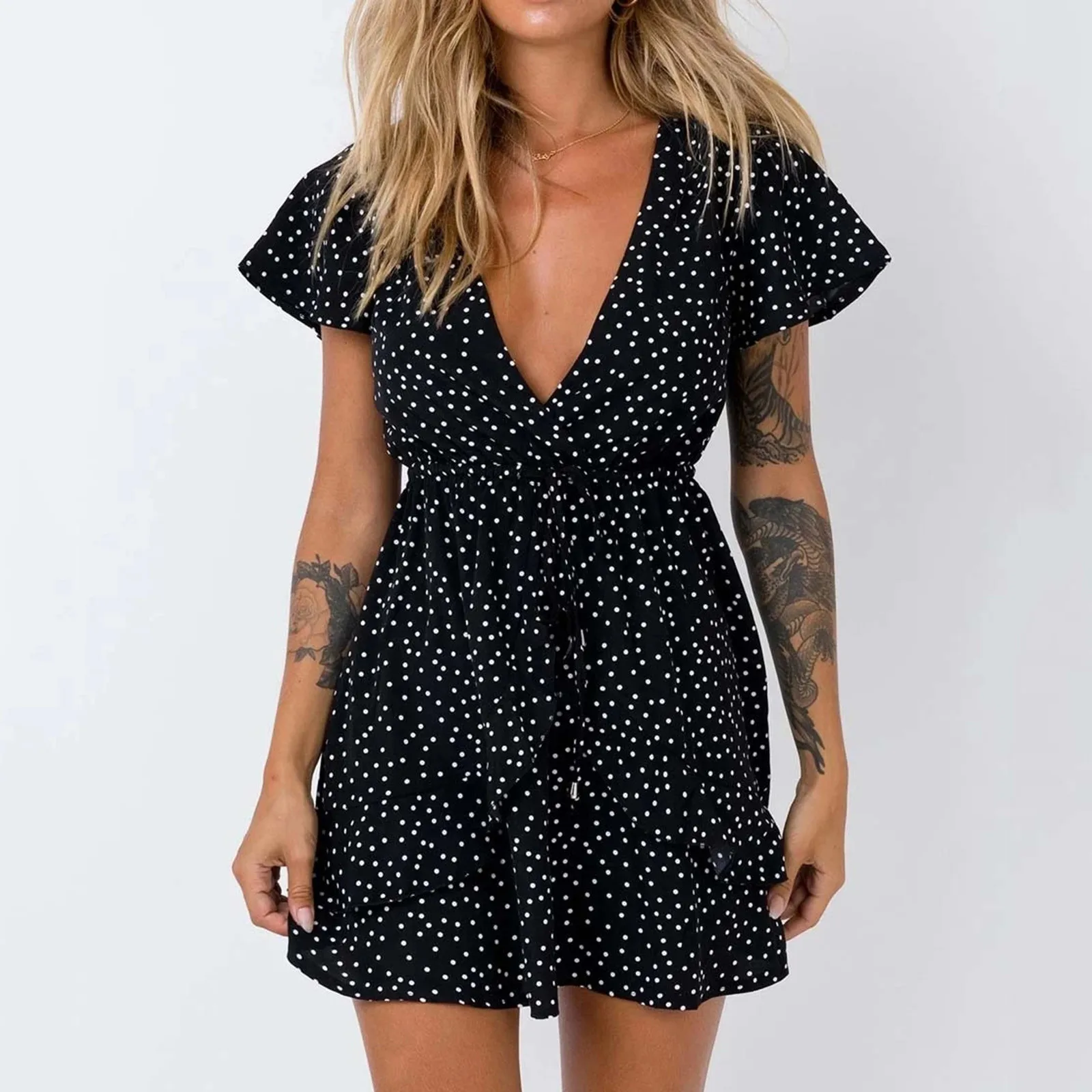 

Women Summer Beach Chiffon Dress Casual Short Sleeve Polka Dot Dress Boho Mini Party Dress Elegant V Neck Sundress Vestidos