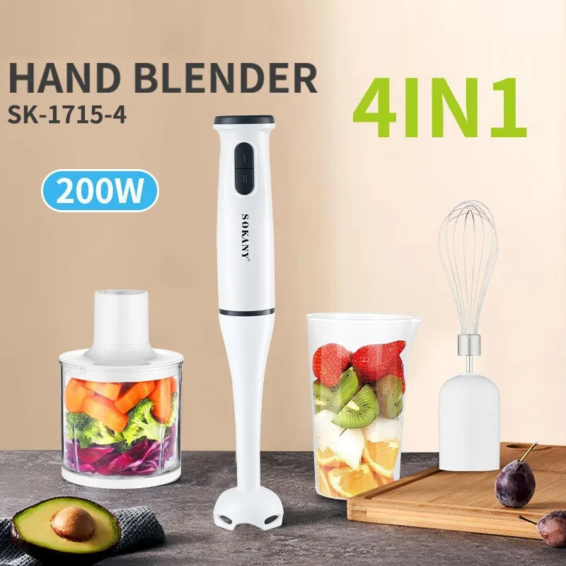 

200W Stainless Steel Hand Blender 4 In 1 Immersion Electric Food Mixer With Bowl Kitchen Vegetable Meat Grinder Chopper Whisk