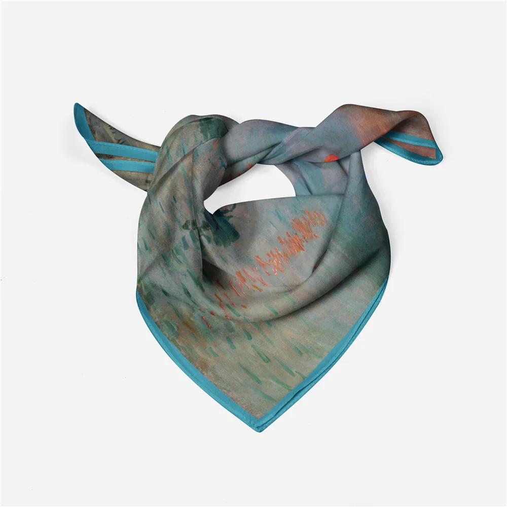 

53 см роскошный женский Шелковый квадратный шарф бандана повязка на голову для сумок хиджабы мусульманский шейный платок Monet Sunrise Impression картина маслом