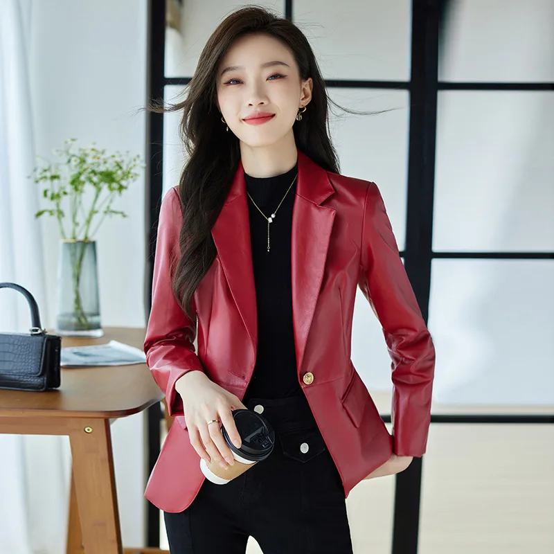 Red Leather Suit Jacket Women's Short Autumn High-class Slim Casual Leather Suit Formal Office Lady  Single Button Suit  Suede