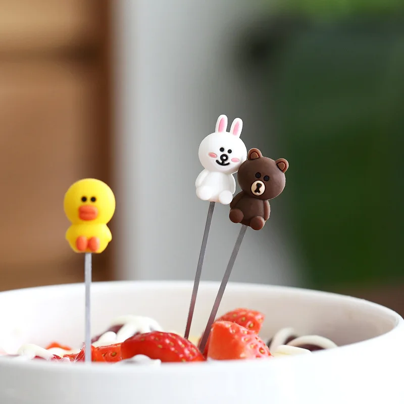 

6 шт./компл. Милая мультяшная силиконовая животная из нержавеющей стали брикет с держателем мини салатная фруктовая вилка столовые приборы