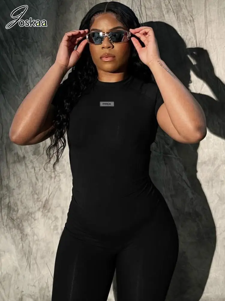 

Joskaa Casual Sexy Two Piece Set Women Solid Short Sleeve Slim Tops and High Waist Pencil Pants Matching Summer 2023 Tracksuits