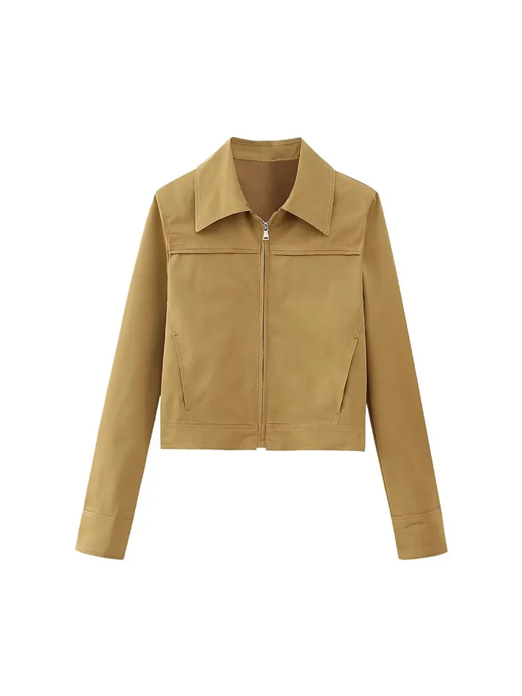 

PB&ZA Women New Fashion Waxed Leather Cotton Short Jacket Coat Vintage Zipper All-Match Casual Female Outerwear Chic Overshirt