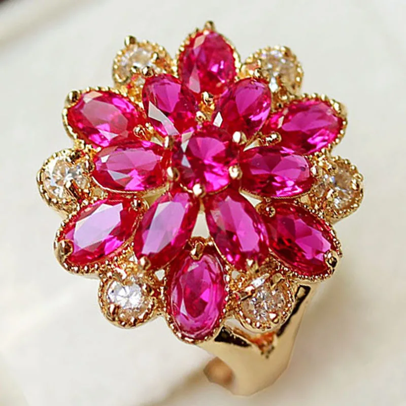 

Luxury Female Big Flower Snowflake Ring Vintage Wedding Band Rings For Women Crystal Rose Gold Engagement Ring