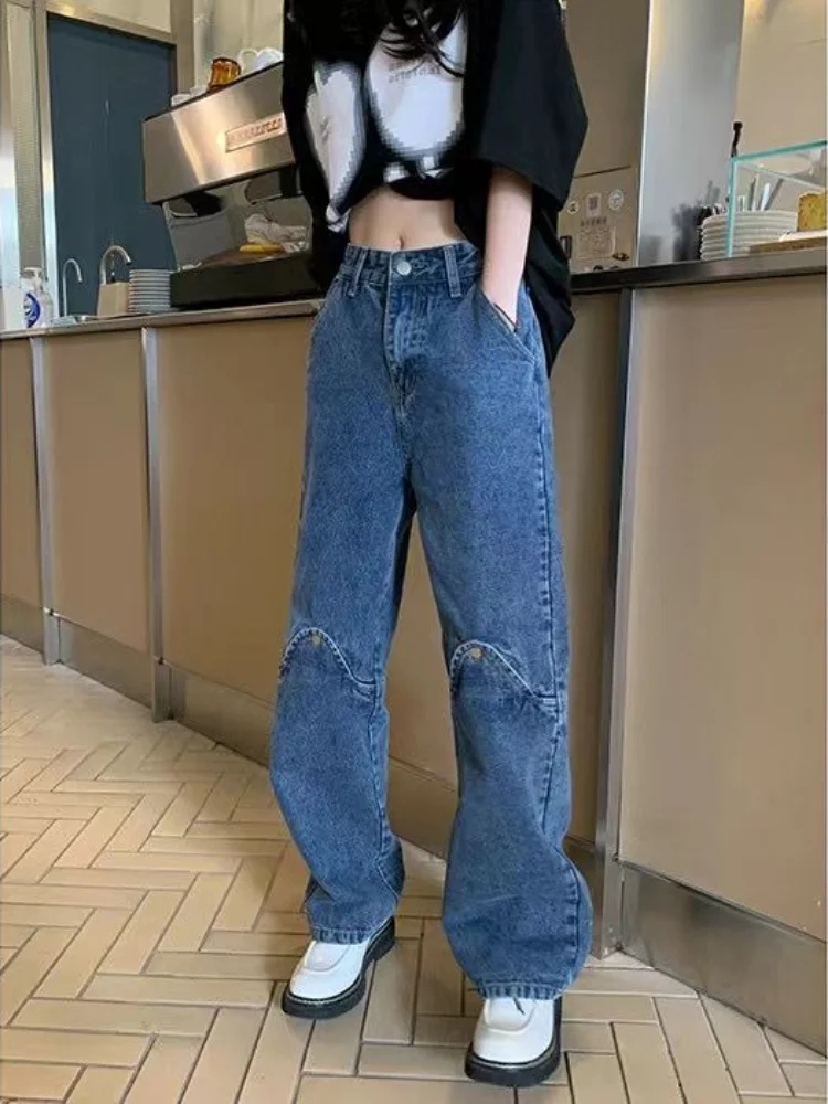 ADAgirl Blue Women Jeans Y2k Vintage Hearts Pattern Ripped Wide Leg Pants Streetwear Slouchy High Waist Female Denim Trousers
